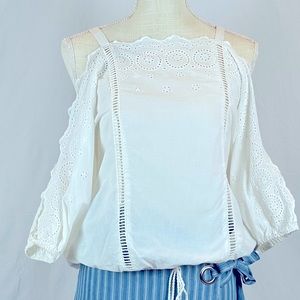 Lovestitch White Lace Drawstring Waist Blouse in S